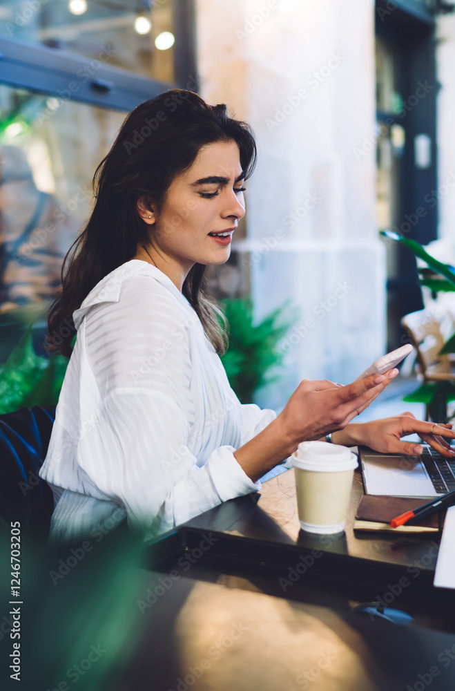 Poster caucasian financial expert working remotely with infographics statistics using blank laptop computer