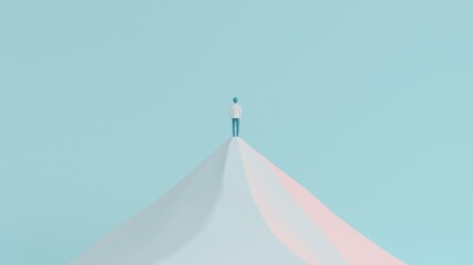 goal of life purpose dreams. A person stands alone at the peak of a minimalist mountain, surrounded by a serene blue sky, conveying a sense of solitude and achievement.