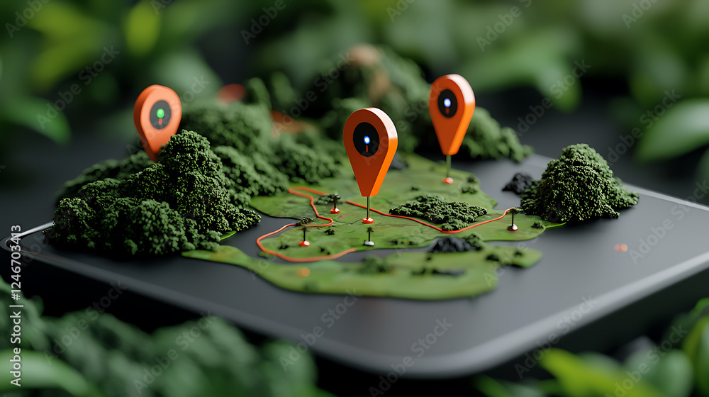 Poster exploring geolocation technology in environmental mapping digital landscape 3d model nature setting 