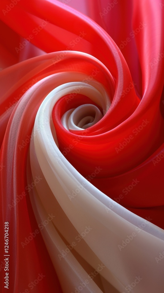 Poster a vibrant swirl of red and white fabric, showcasing smooth textures and flowing patterns that create