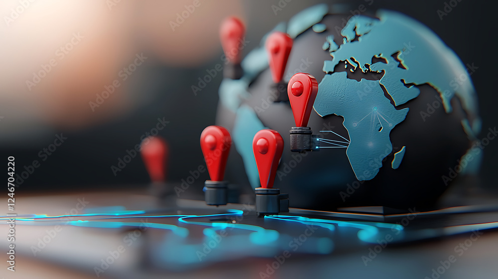 Poster exploring global connectivity mapping locations with red pins on a 3d globe geographical insights ab