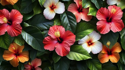 Vibrant hibiscus flowers in assorted colors surrounded by lush green leaves in a tropical garden setting