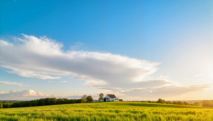 Obraz premium Serene farmhouse under clouds at sunset, countryside tranquility