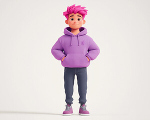 Confident animated male character with vibrant pink hair wearing casual hoodie, stylish digital avatar concept for gaming and social media