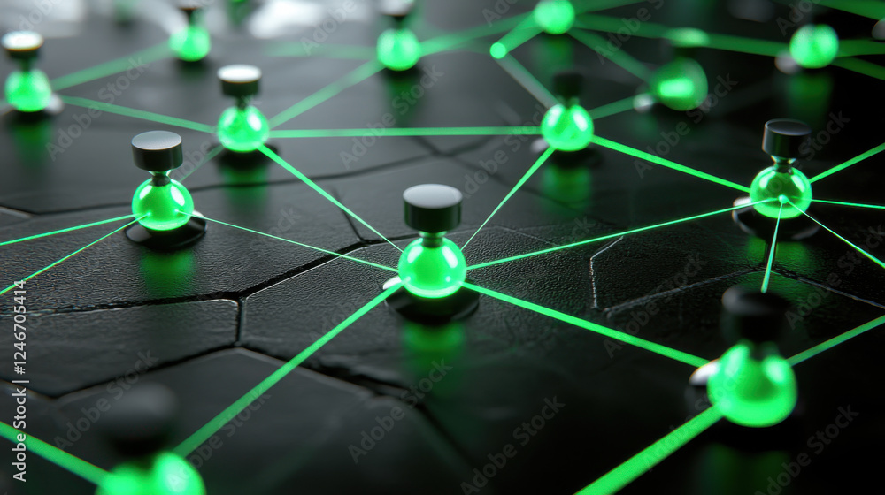 Poster blockchain network represented as interconnected nodes with glowing green elements, symbolizing tech