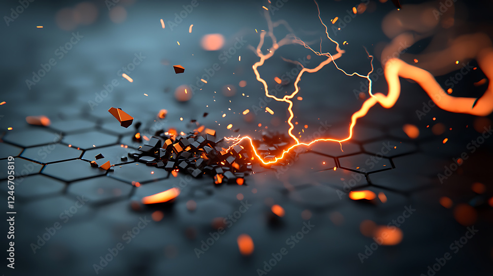 Poster dynamic electric discharge igniting fractured hexagonal surface digital artwork abstract environment