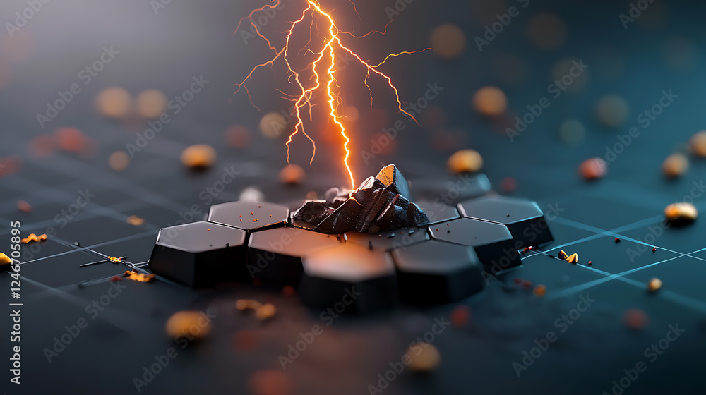 Poster dynamic lightning strike on hexagonal rock formation abstract digital art dark environment close-up 