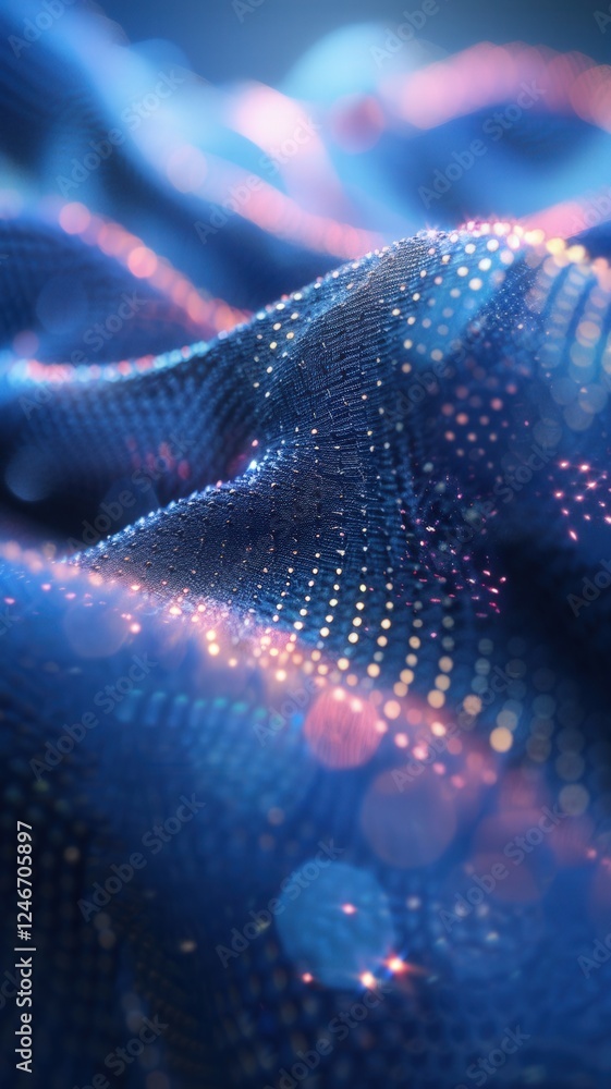 Poster a close-up of shimmering, textured blue fabric with sparkling elements, creating a captivating, abst