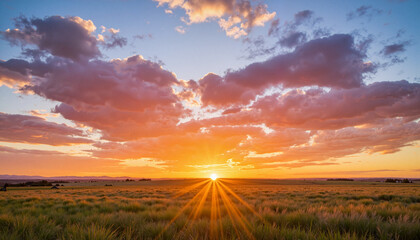 Vivid sunrise illuminating serene prairie landscape, nature's beauty