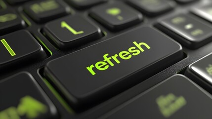 Green refresh title key on a black keyboard, close-up view, symbolizing technology, renewal, and productivity