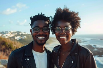 Portrait of a grinning afro-american couple in their 20s sporting a stylish leather blazer while standing against beautiful coastal village background
