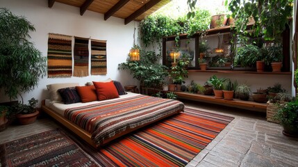 Cozy bedroom interior featuring a bed decorative rug and warm lighting for a relaxing atmosphere