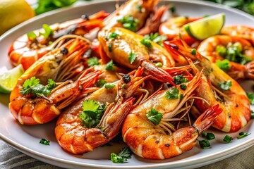 Delicious Grilled Shrimp on White Plate - Stock Photo
