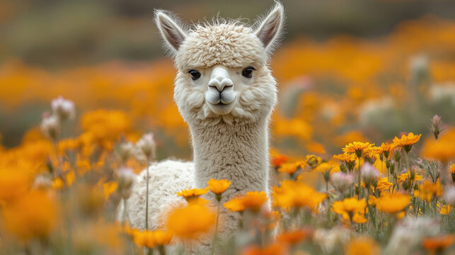 Cute animals of a fluffy alpaca standing in a meadow surrounded by wildflowers