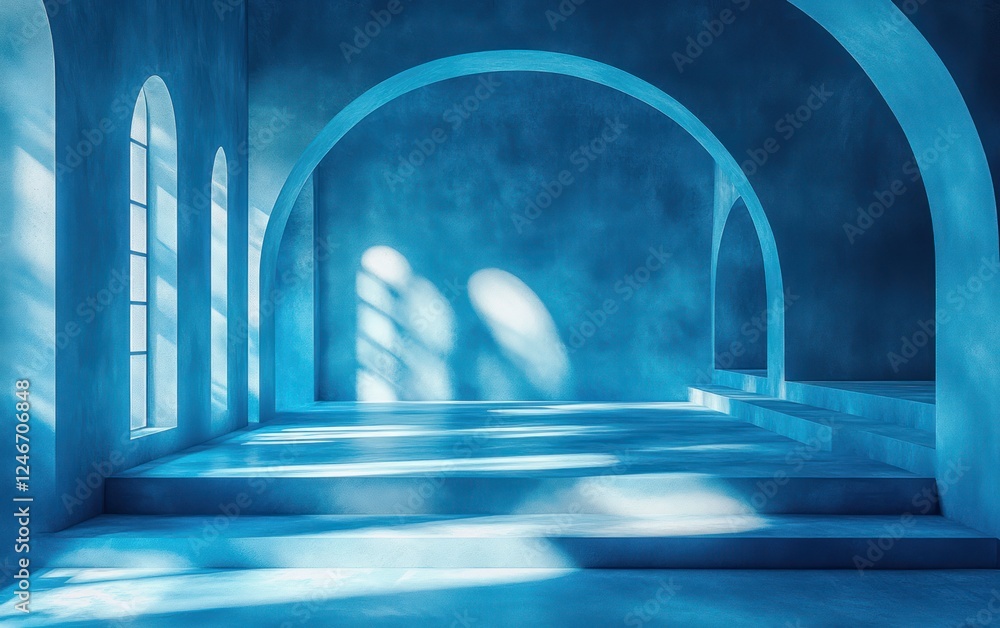 Poster minimalist light blue geometric background for product display with stacked podiums and soft shadows