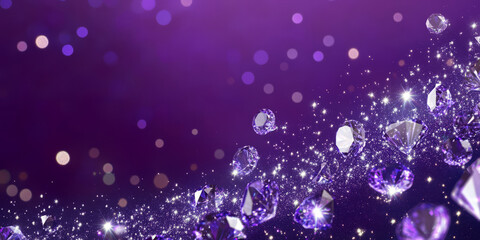 A vibrant purple background with shining diamonds scattered across, reflecting light and creating a sparkling atmosphere. The rich color and the luxurious sparkle are perfect for fashion, jewelry ads,