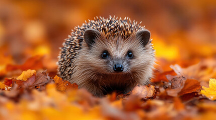 Fototapeta premium Cute animals of a hedgehog exploring a pile of autumn leaves, with its tiny nose poking out
