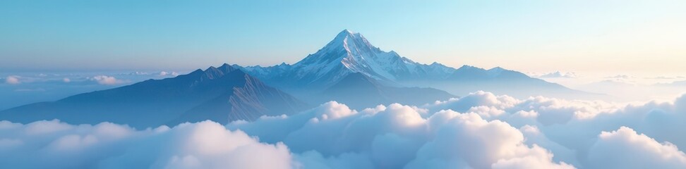 Fototapeta premium Summit peak covered in misty clouds blue sky above, vastness, landscape