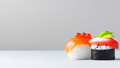 Delicious sushi pieces showcasing vibrant ingredients on a minimalist background.