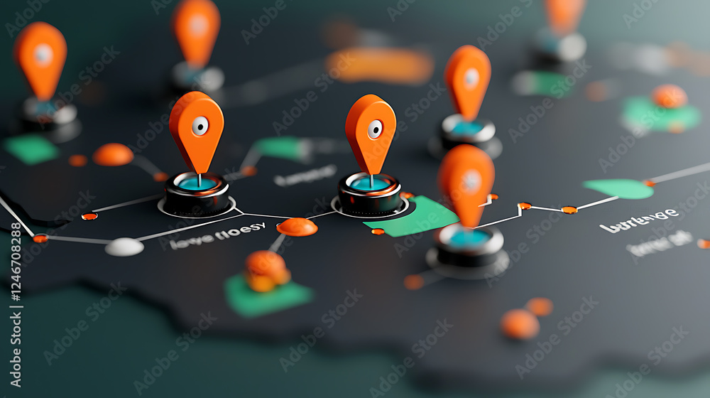 Poster exploring geolocation markers on a digital map virtual environment 3d visualization modern technolog
