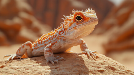 Desert wildlife, featuring a horned lizard basking on a rock with golden dunes in the background