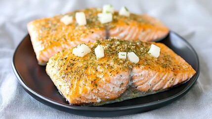 Baked salmon fillets with herbs, garlic, and potato. Food photography for recipe websites