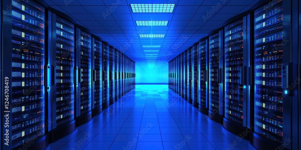 Poster a dimly lit data center featuring rows of servers, illuminated by blue lights, conveying a high-tech