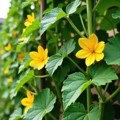 Tall trellis supports bright yellow watermelon flowers with green leaves, farm, vine, blooms