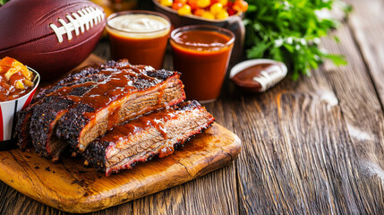 Juicy Texas brisket served with BBQ sauce, perfect for game day. Enjoy rich flavors alongside football themed snacks and drinks for festive atmosphere