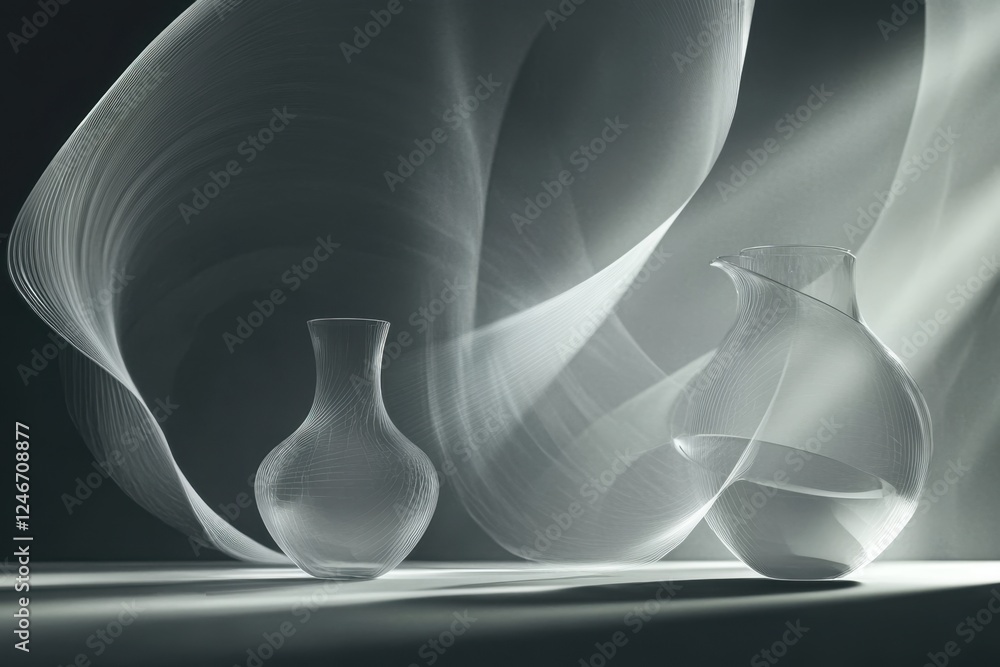 Poster elegant glass vases with flowing fabric create a serene artistic display in soft lighting
