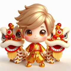 Fototapeta premium 3D Adorable cartoon gold red fortune kid in a lion dance costume, white background