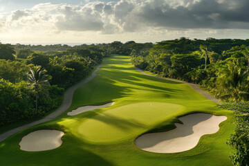 Lush green fairways and sand traps at Ria Golf Club under a clear blue sky, with golfers in colorful attire focusing on their swings.