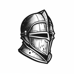 Knight's helmet with closed visor, retro, vintage, angle view, icon, black and white sketch highlighted on a white background, picture, image for printing on a T-shirt, without people