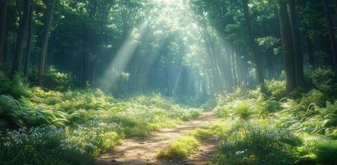 Obraz premium Tranquil Forest Pathway with Sunlight and Mist in a Lush Green Landscape