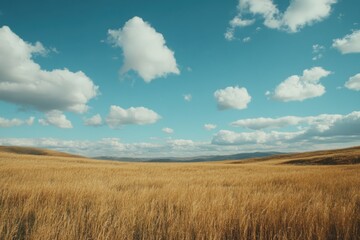 Obraz premium Expansive golden field under a bright blue sky with fluffy white clouds