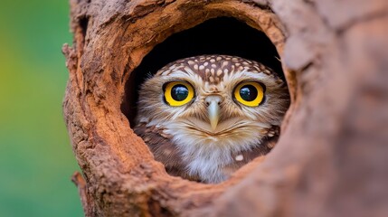Curious Owl Peeking from Tree Hollow with Bright Yellow Eyes and Detailed Feathers