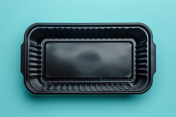 Empty black plastic takeout food container on blue background