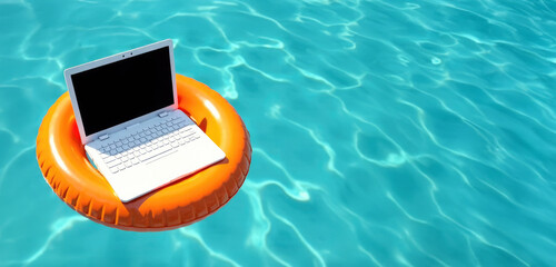 Laptop on orange inflatable lap floating in clear pool water with glare of sunlight. Concept of vacation, office weekend, do not disturb, always on call. Mockup, template for design or text