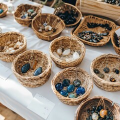 Handcrafted jewelry display artisan market jewelry array natural materials overhead view artisan craftsmanship