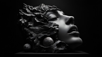 Fototapeta premium Stone Embrace: A Monochromatic Digital Sculpture of a Woman's Face Emerging from a Rock Formation