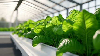 Fresh Green Leafy Vegetables Growing in a Bright Modern Hydroponic Greenhouse