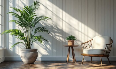 Minimalist Interior Scene Modern Design with White Striped Walls and Dark Wooden Floor
