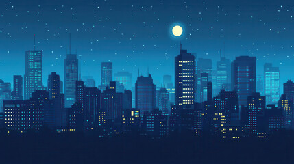 Naklejka premium futuristic city skyline illuminated against night sky with stars and full moon. buildings showcase modern architecture and vibrant lights, creating serene urban atmosphere
