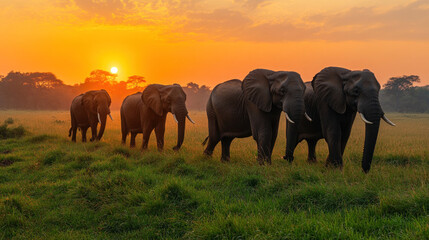 Fototapeta premium Elephants walking in a line across a grassy plain with a soft orange sky in the background