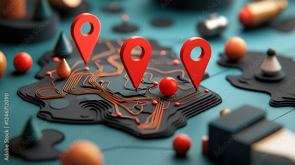Poster exploring geolocation technologies modern cityscape digital map representation interactive environme