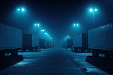 Empty truck trailer parking lot at night with bright streetlights