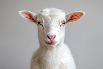 pure white saanen goat photographed in highkey studio setting ethereal lighting creating seamless blend between subject and background minimalist composition