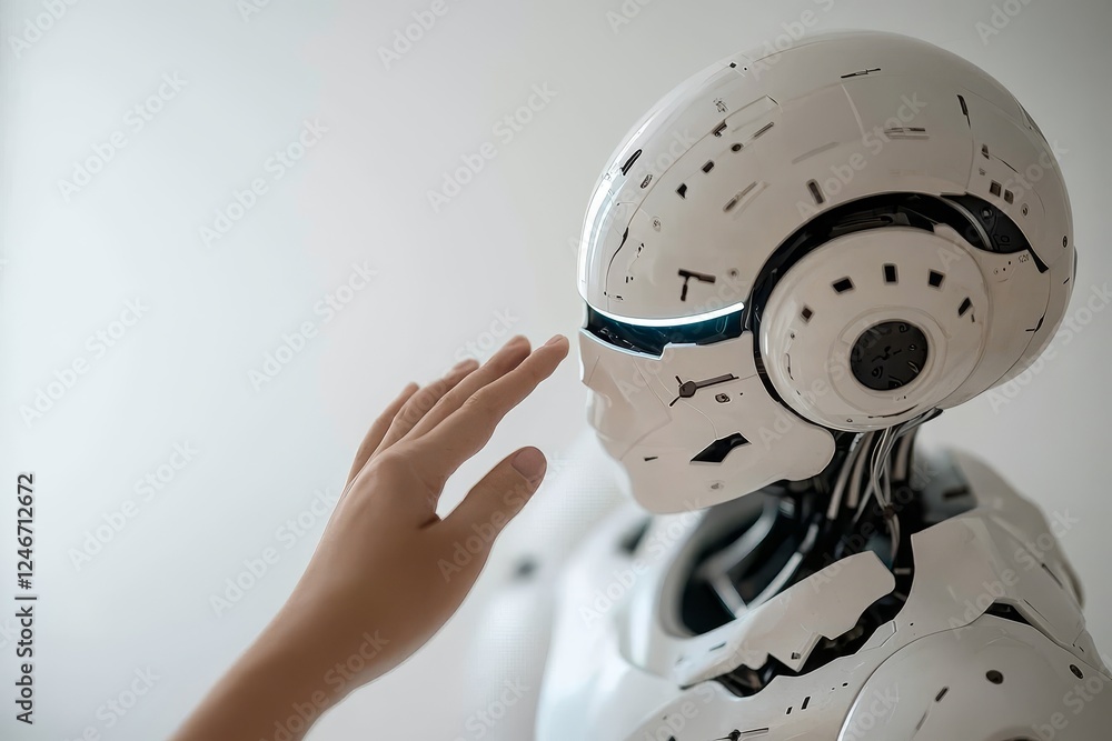 Wall mural A robotic hand made of white cybernetic material, its finger extended and pointing at a human hand, also with its finger extended. The two fingers meet, set against a gray backdrop