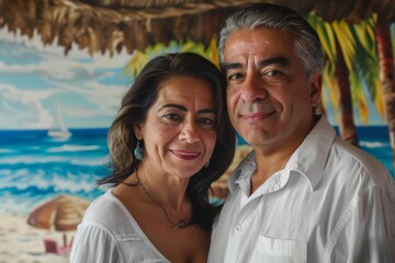 Portrait of a content latino couple in their 50s wearing a classic white shirt in front of tropical beach bar background