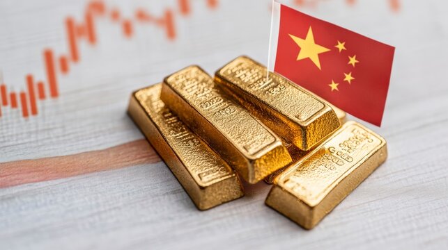 Gold Bars with Chinese Flag Symbolizing Wealth and Investment in Financial Market